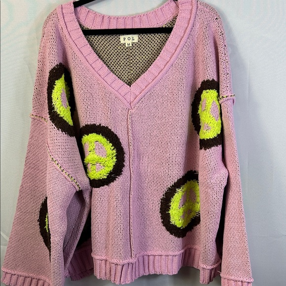 POL V-Neck Sweater Peace Sign Design New Size Medium Oversized - Picture 3 of 6